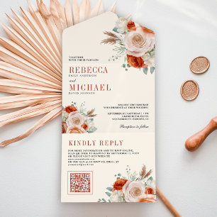 Burnt Orange Ivory Floral QR Code Wedding All In One Invitation