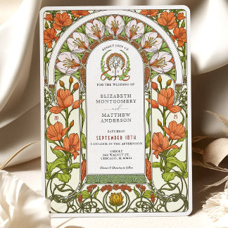 Burnt Orange Lilies Art Nouveau Fall Wedding Invitation