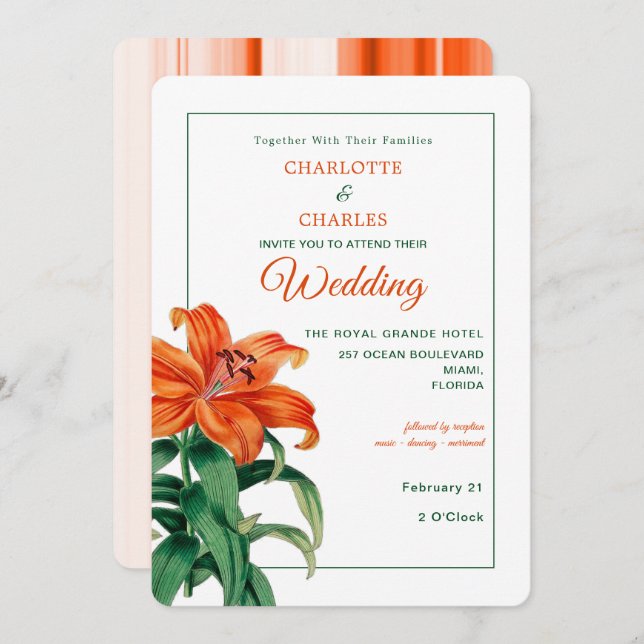 Burnt Orange Lily Stylish Floral Wedding Invitation (Front/Back)