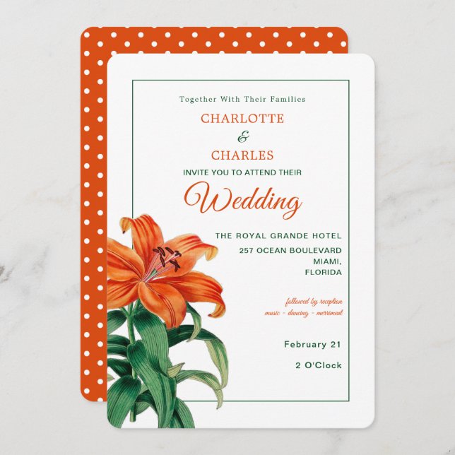 Burnt Orange Lily Stylish Floral Wedding Invitation (Front/Back)