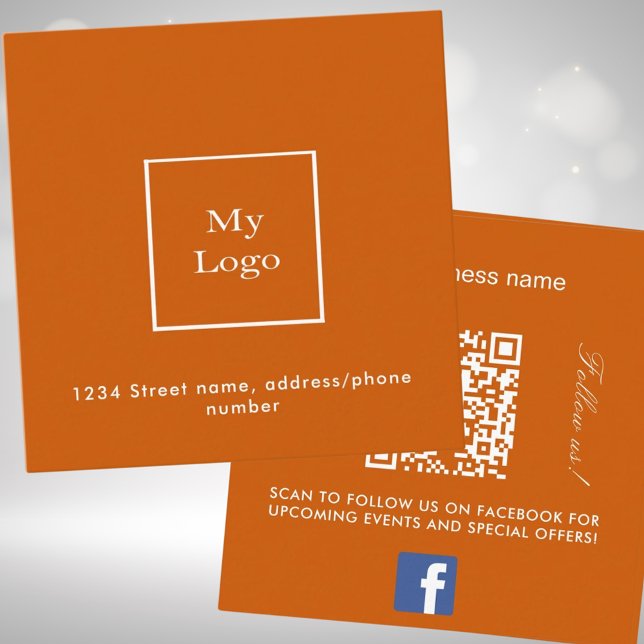 Burnt orange logo QR code Facebook follow us Square Business Card (Creator Uploaded)