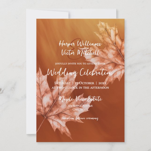 burnt orange maple leaves accent all in one invitation (Front)
