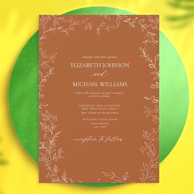 Burnt Orange Minimal Leaf Wedding Invitation (Creator Uploaded)
