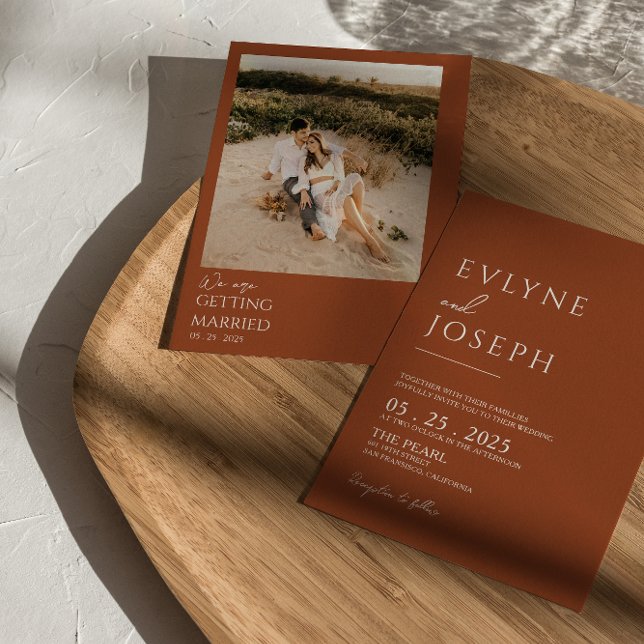 Burnt Orange Minimalist Boho Neutral Photo Wedding Invitation (Creator Uploaded)