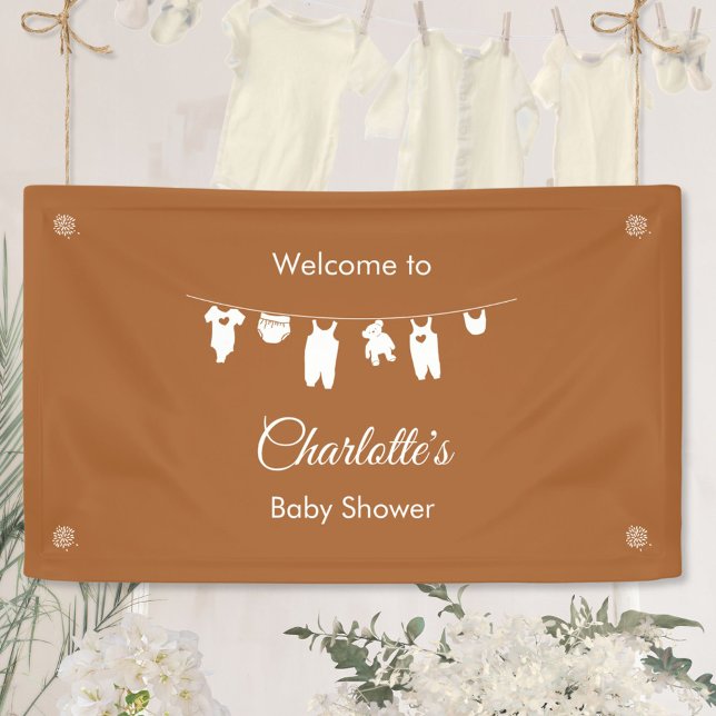 Burnt Orange Minimalist Gender Neutral Baby Shower Banner (Burnt Orange Baby Shower Welcome Sign with Clothes ©Susanne Sachers - Sunny Mind 🌞)