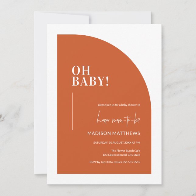 Burnt Orange Minimalist Half Arch Oh Baby Shower  Invitation (Front)