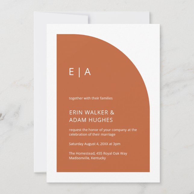 Burnt Orange Minimalist Monogram Half Arch Wedding Invitation (Front)
