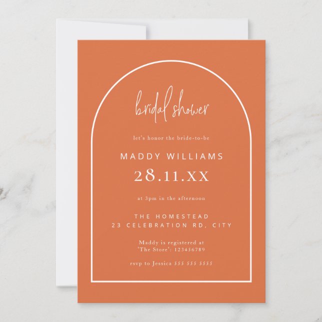 Burnt Orange Minimalist Script Arch Bridal Shower Invitation (Front)
