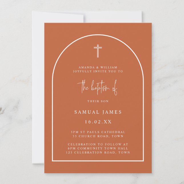 Burnt Orange Modern Arch Script Minimalist Baptism Invitation (Front)