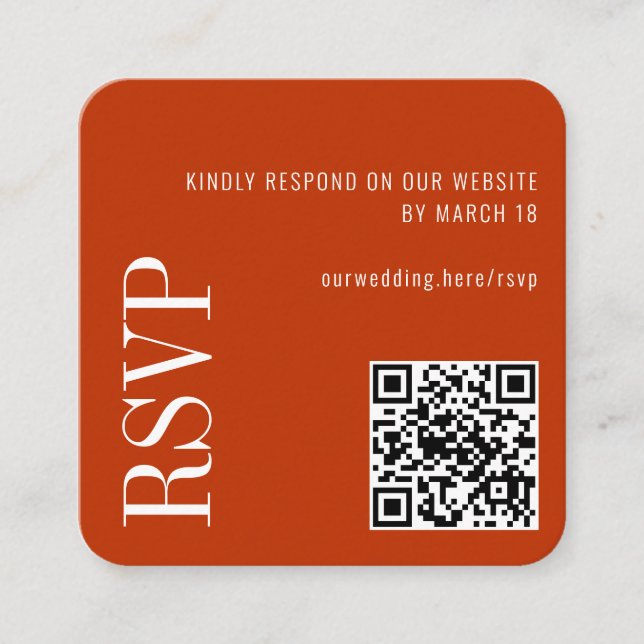 Burnt Orange Modern Custom QR Code Wedding RSVP Enclosure Card (Front)