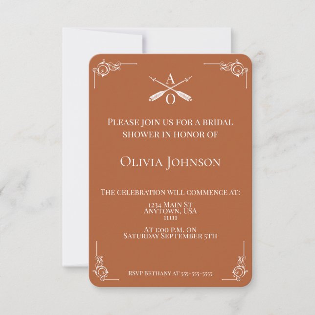 Burnt Orange Monogram and Arrows Bridal Shower Invitation (Front)