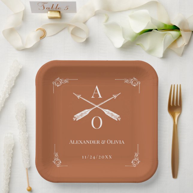 Burnt Orange Monogram and Arrows Wedding Paper Plate (Wedding)