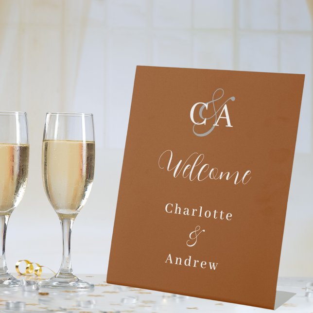 Burnt orange monogram modern wedding welcome pedestal sign (Creator Uploaded)