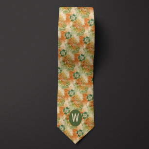 Burnt Orange, Moss Green Abstract Floral Monogram Tie
