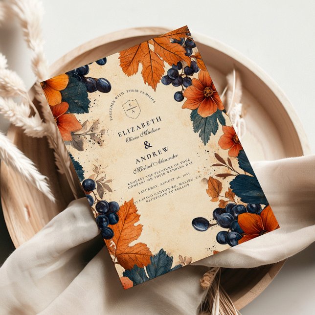 Burnt Orange & Navy Berries Wedding Invitation (Creator Uploaded)