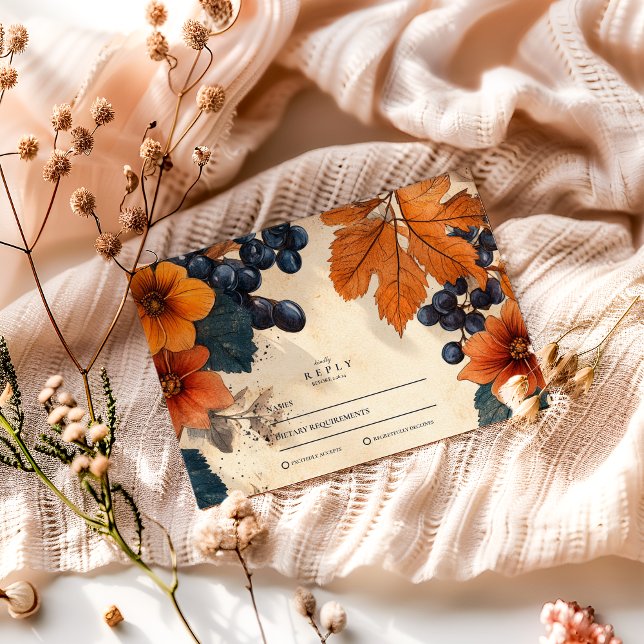 Burnt Orange & Navy Berries Wedding RSVP Card (Creator Uploaded)