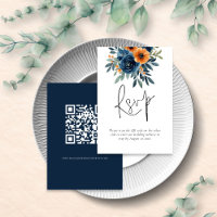 Burnt Orange Navy Blue Florals QR Code Wedding