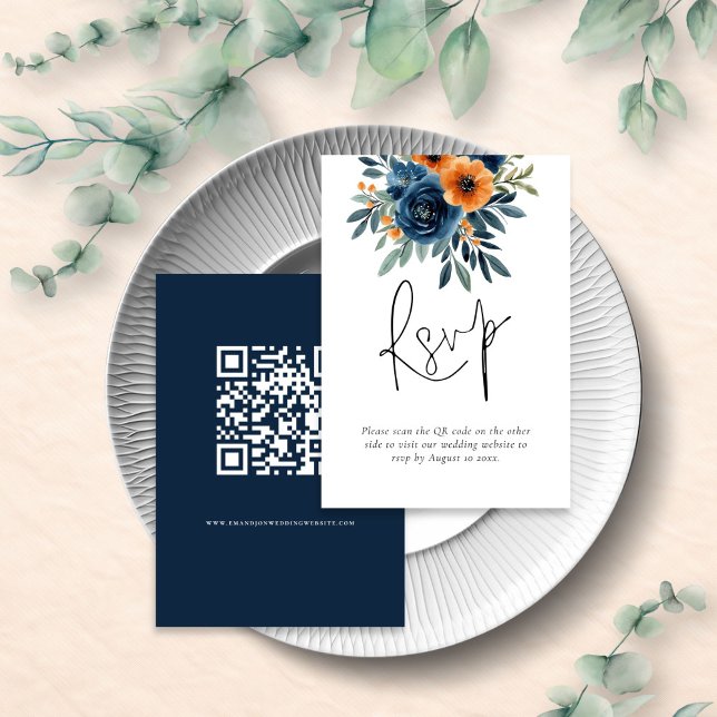 Burnt Orange Navy Blue Florals QR Code Wedding RSVP Card (Creator Uploaded)