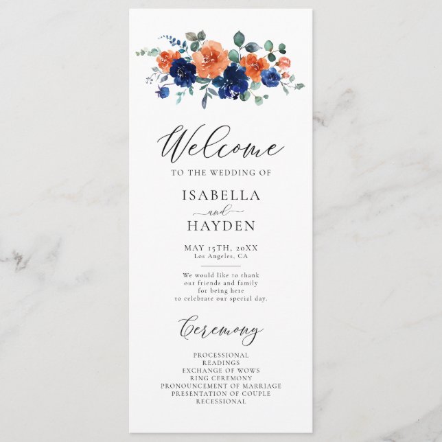 Burnt Orange Navy Floral Rustic Watercolor Wedding Programme (Front)