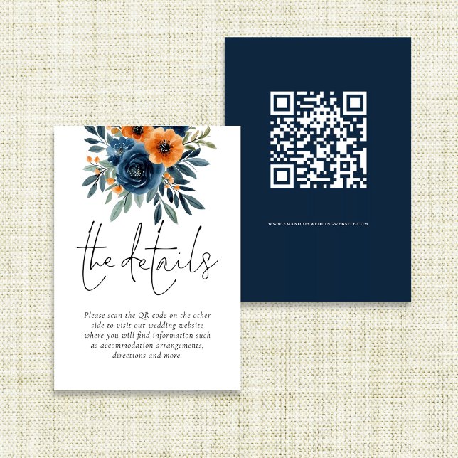 Burnt Orange Navy Florals QR Code Wedding Details Enclosure Card (Front and back view)