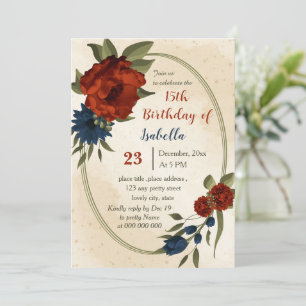 burnt orange navy flowers botanical birthday invitation
