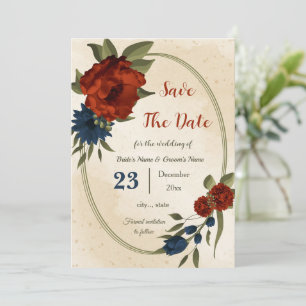 burnt orange navy flowers botanical save the date
