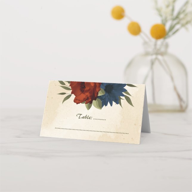 burnt orange navy flowers botanical wedding place card (Front)