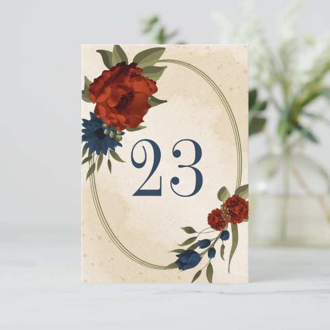burnt orange navy flowers geometric table number (Standing Front)