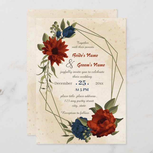 burnt orange navy flowers geometric wedding  invitation (Front/Back)