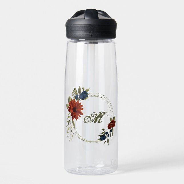 burnt orange & navy flowers greenery water bottle (Front)