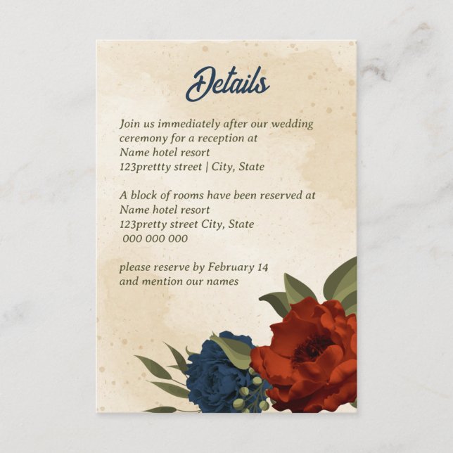 burnt orange navy flowers wedding enclosure card (Front)