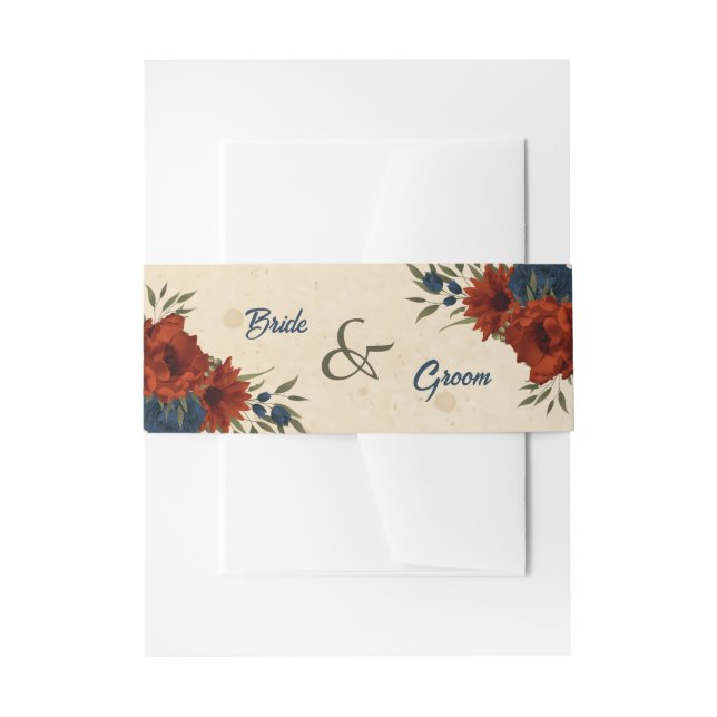 burnt orange navy flowers wedding invitation belly band (Front Example)