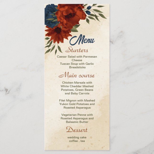 burnt orange navy flowers wedding menu (Front)