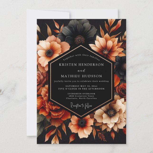 Burnt Orange Noir Bloom Wedding Invitation (Front)