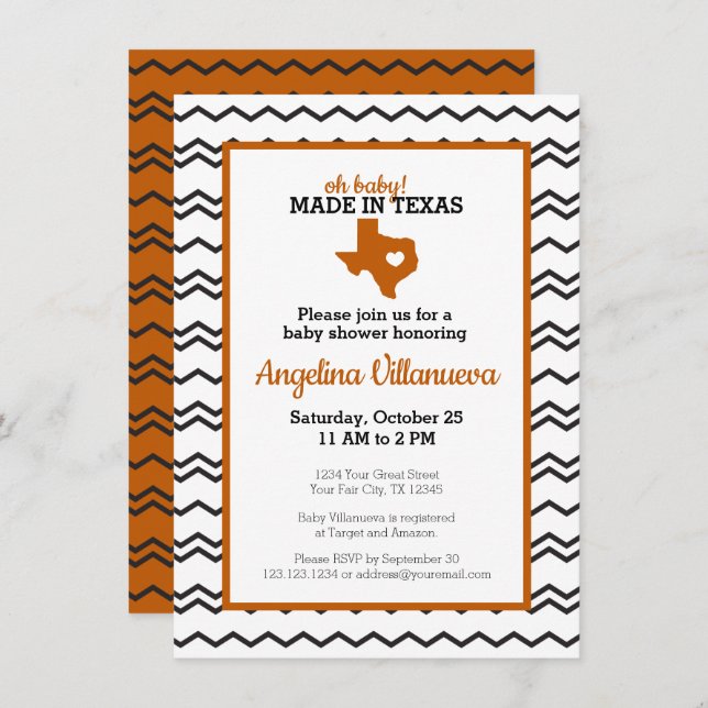 Burnt Orange Oh Baby! Chevron Made in Texas Shower Invitation (Front/Back)
