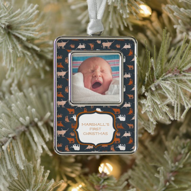 Burnt Orange Patterned Longhorns Pattern Photo Silver Plated Framed Ornament (Tree)