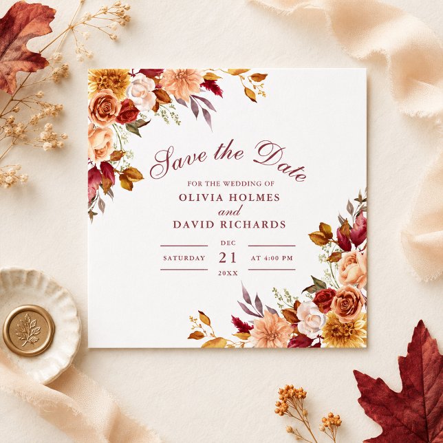 Burnt Orange & Peach Autumn Floral Save the Date (Burnt Orange & Peach Autumn Floral Save the Date)