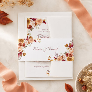 Burnt Orange & Peach Autumn Floral Wedding Invitation Belly Band