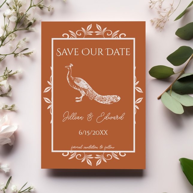 Burnt Orange Peacock Flourish Save The Date Announcement (Burnt Orange Peacock Flourish Save the Date)