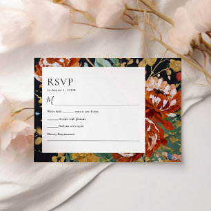Burnt Orange Peonies Floral Gold Painting Wedding RSVP Card