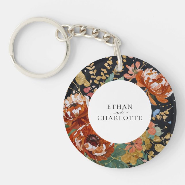 Burnt Orange Peonies Floral Painting Gold Wedding Key Ring (Front)