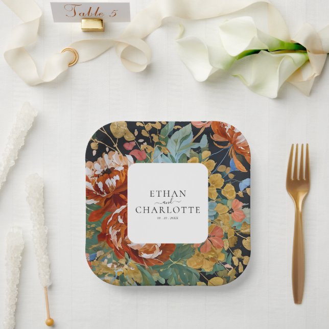 Burnt Orange Peonies Floral Painting Gold Wedding Paper Plate (Wedding)