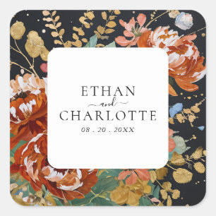 Burnt Orange Peonies Floral Painting Gold Wedding Square Sticker