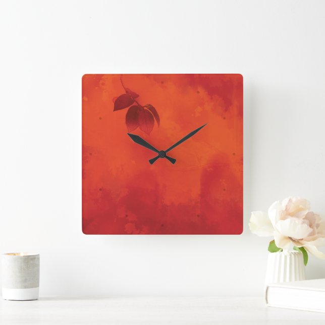 Burnt Orange Persimmon Leaf Abtract Autumn Square Wall Clock (Home)