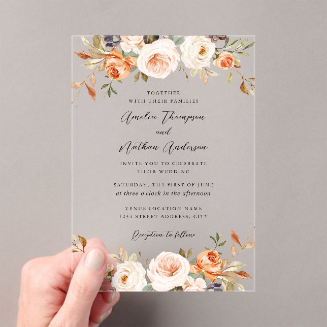 Burnt Orange Pink Rustic Botanical Florals Wedding Acrylic Invitations (Insitu (Handheld))