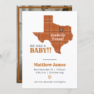 Burnt Orange Plaid Made In Texas Vertical Photo Announcement