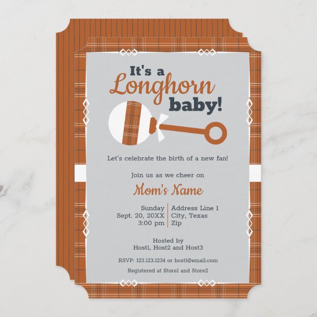 Burnt Orange Plaid Rattle Longhorn Baby Shower Invitation (Front/Back)