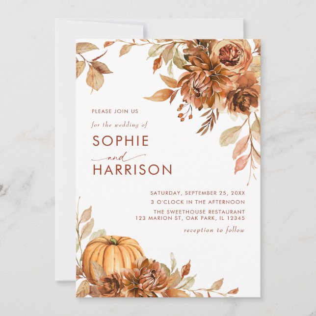 Burnt Orange Pumpkin Autumn Floral Fall Wedding Invitation (Front)