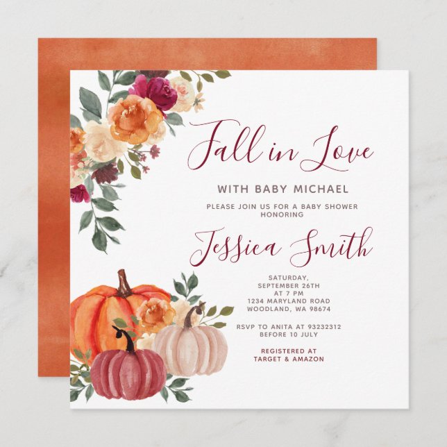 Burnt Orange Pumpkin Fall in Love Baby Shower Invitation (Front/Back)