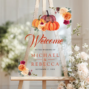 Burnt Orange Pumpkin Floral Wedding Welcome Acrylic Sign